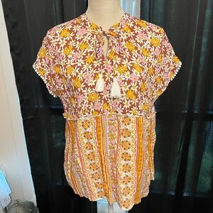 Cato Yellow and Pink Cap Sleeve Blouse with Tie Front